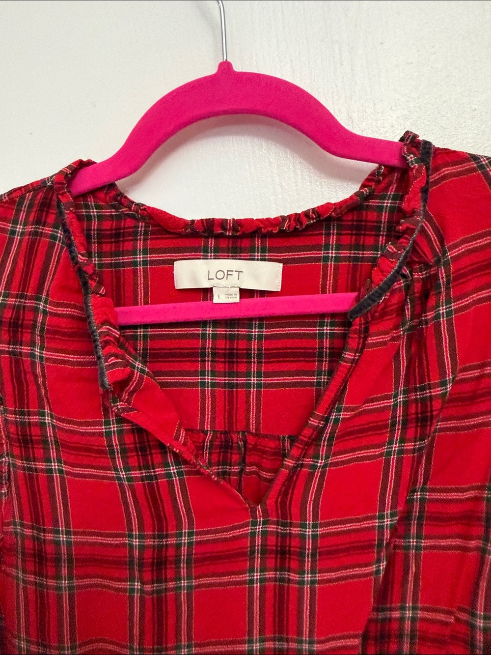 LOFT Red and Black Plaid V-Neck Long Sleeve Blouse - Picture 3 of 9
